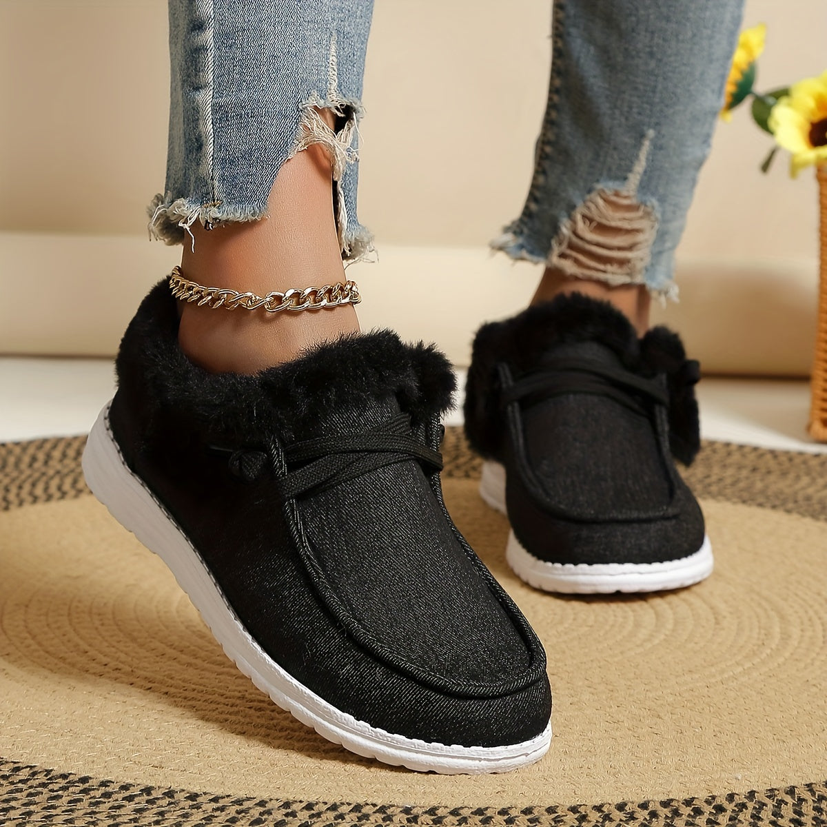 Women's Simple Canvas Shoes, Casual Lace Up Plush Lined Shoes, Lightweight Low Top Sneakers