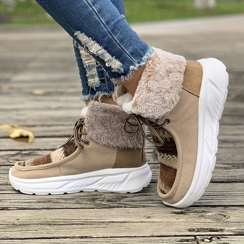 Women's Fleece Lining Snow Boots, Round Toe Lace Up High Top Flatform Boots, Winter Warm Outdoor Ankle Boots
